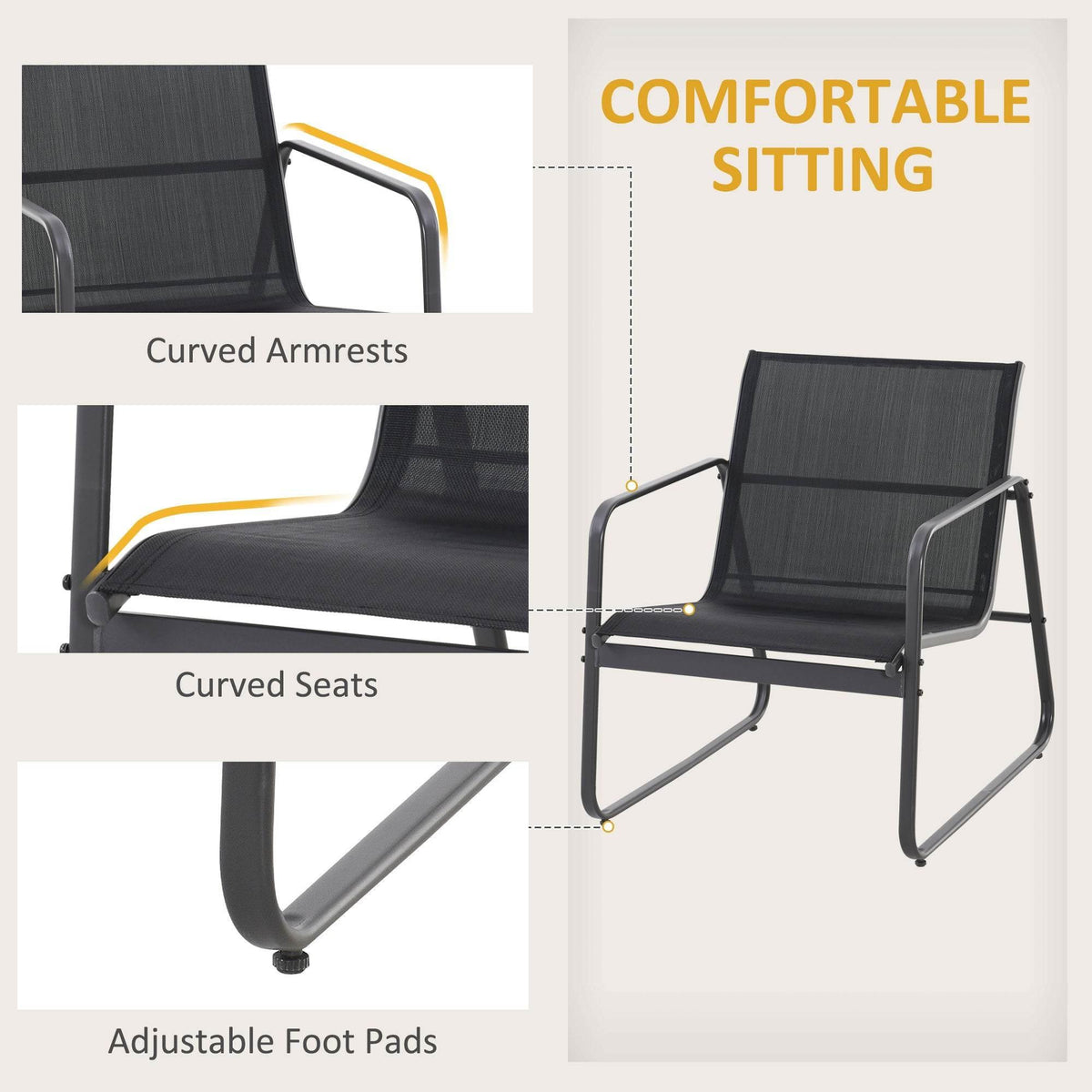 Outdoor chairs featuring curved armrests, curved seats, and adjustable foot pads