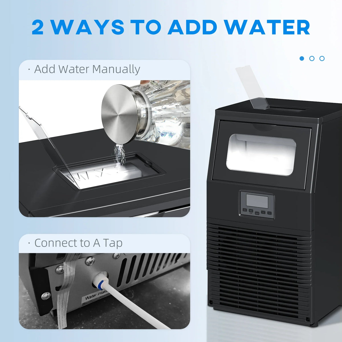 Black commercial ice maker with open top access and water inlet area