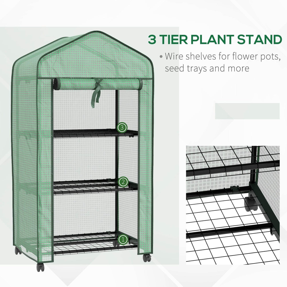 Green compact greenhouse showing three wire shelves with raised side frame