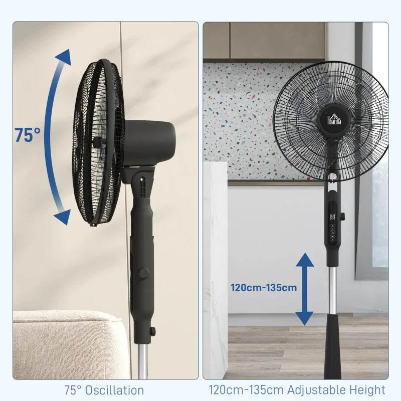 Black pedestal fan with 75° oscillation and adjustable 120–135 cm height