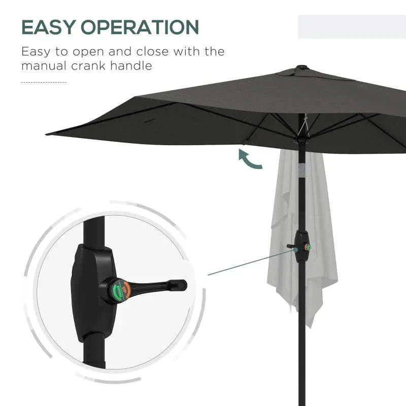 Dark grey rectangular patio parasol with manual crank handle and tilt control pole