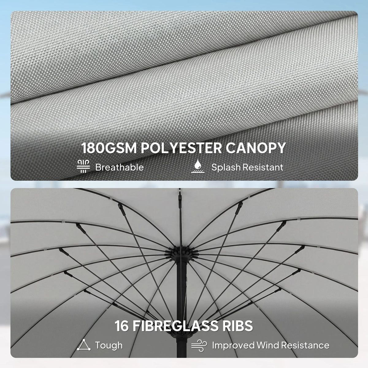 Light grey parasol canopy fabric texture with visible fibreglass ribs underneath