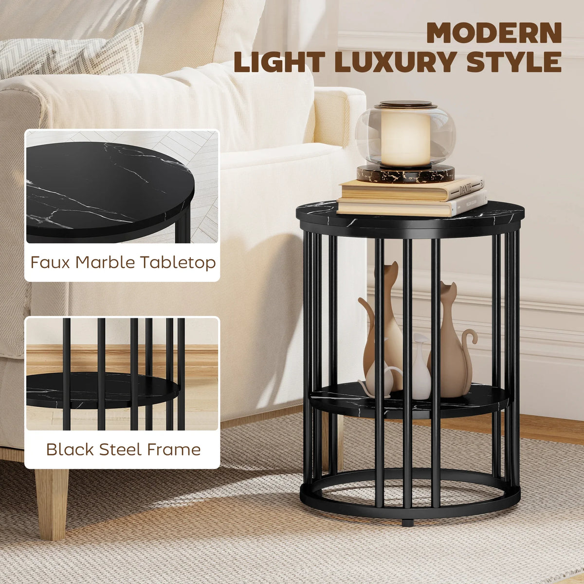 Round two-tier coffee table with faux marble tabletop and black steel frame, modern style