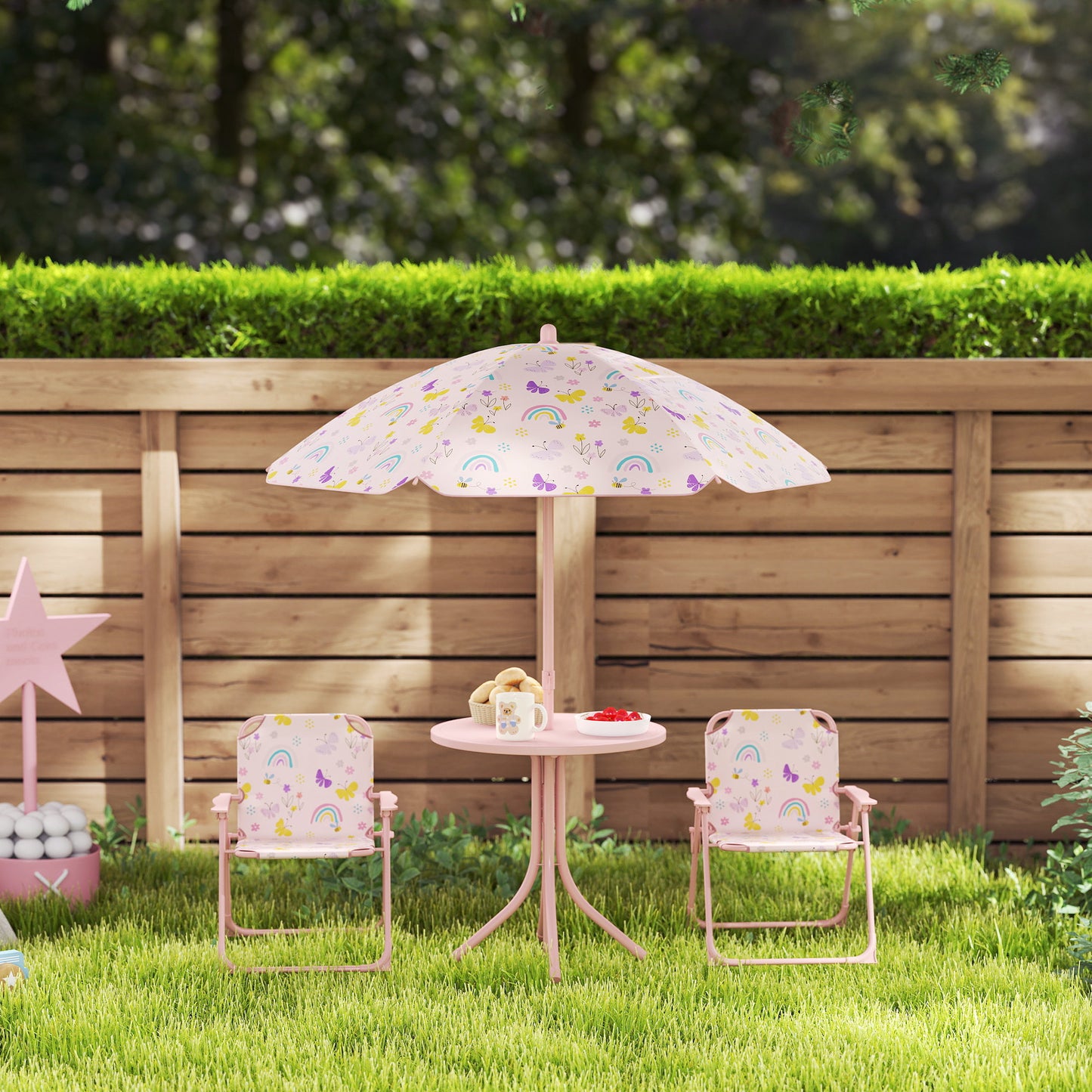 AIYAPLAY 4-Piece Foldable Kids Garden Table and Chair Set With Adjustable Parasol Pink Rainbow Pattern for Ages 2-5