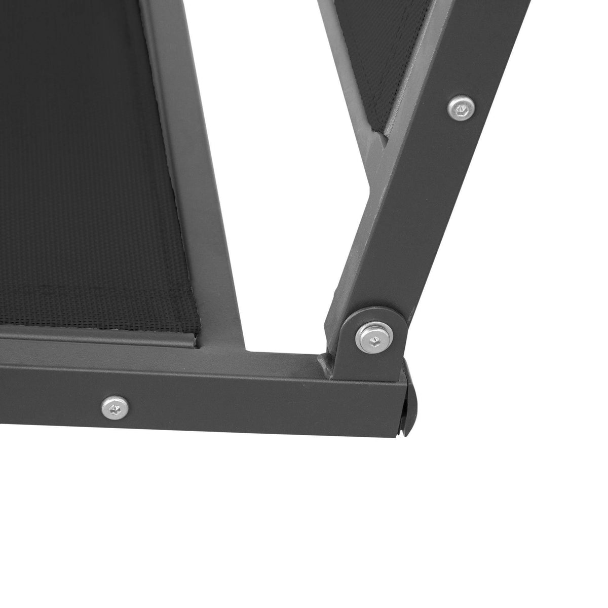 Black swing chair base with metal corner brackets and screw fasteners