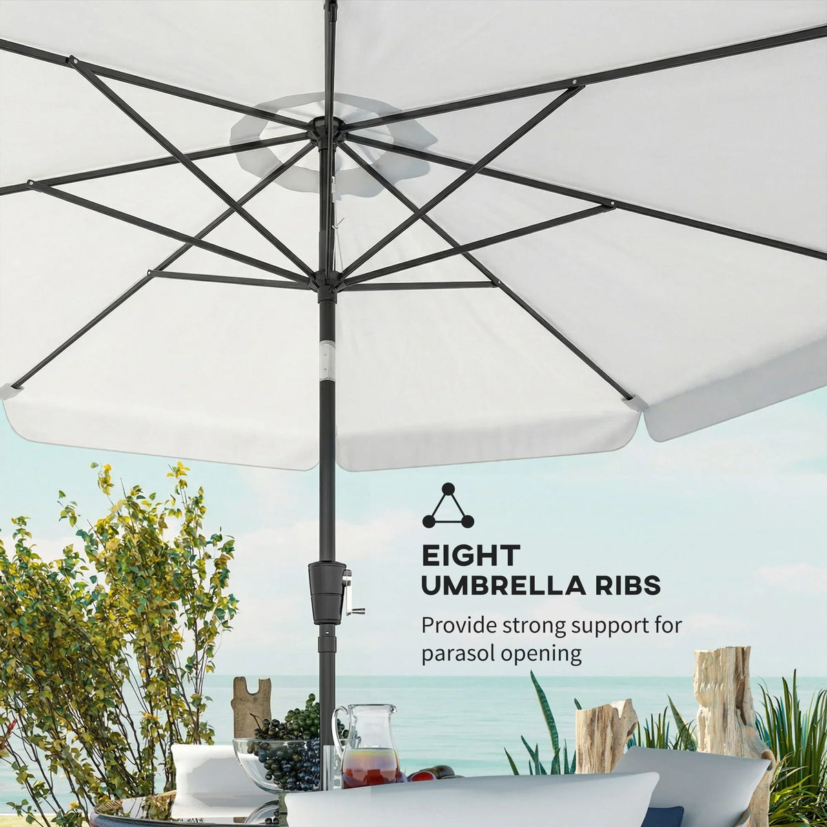 Close-up of cream white patio umbrella underside with cross ribs for support