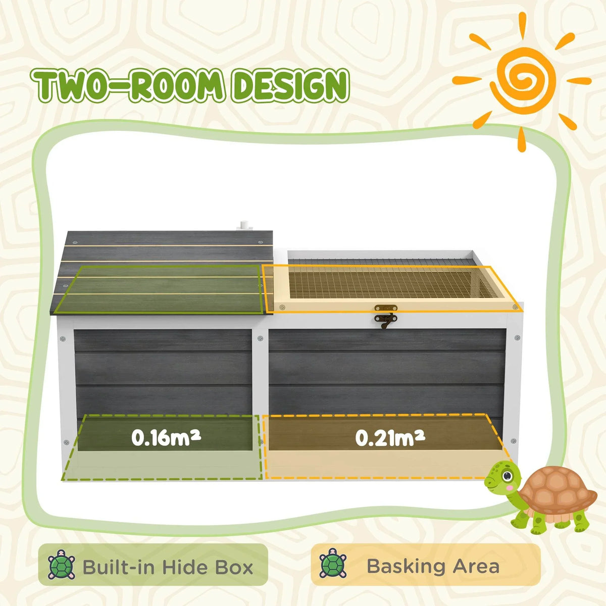 Wooden tortoise enclosure with two compartments and wire mesh basking area