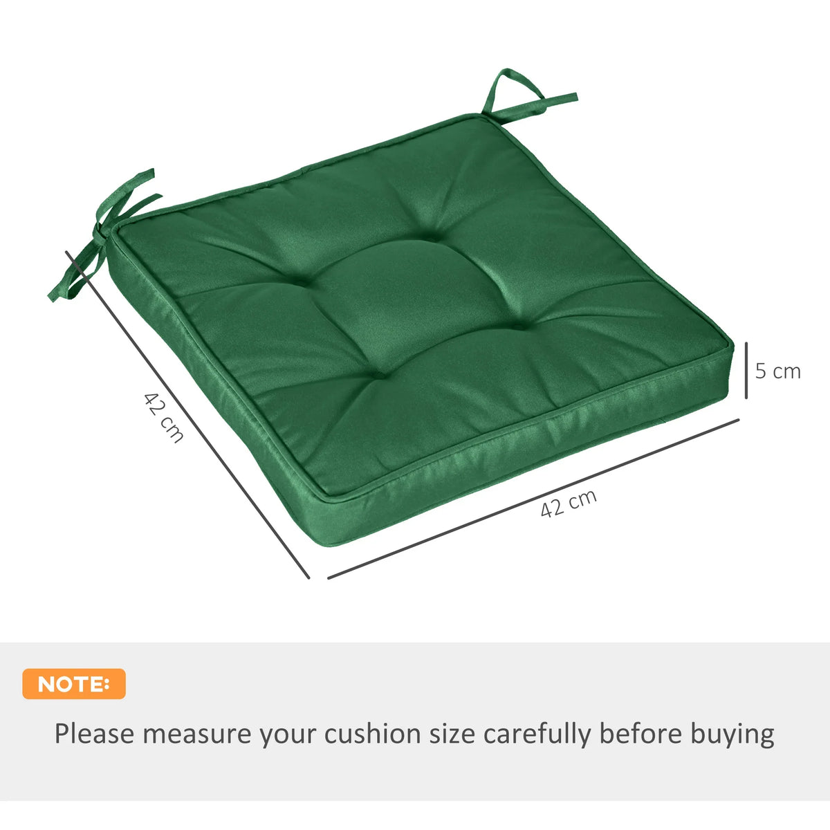 Green square outdoor seat cushion with straps, tufted top, and piped edges