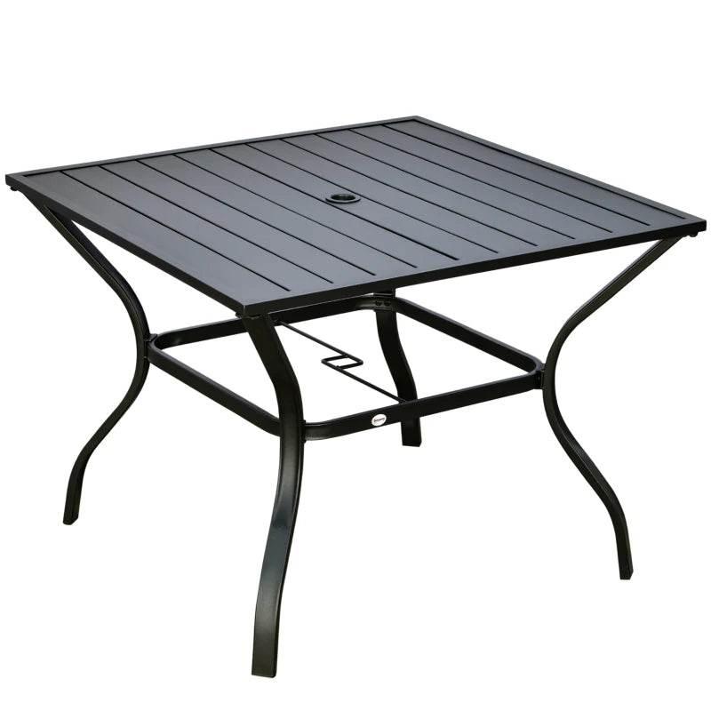Black square outdoor dining table with slatted metal plate top