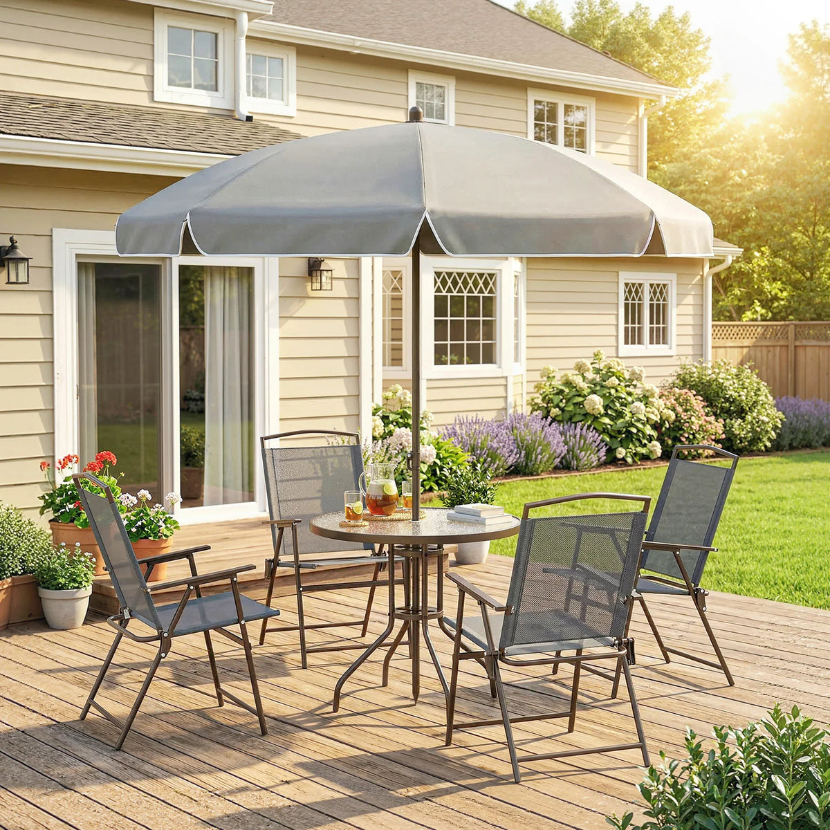 Outdoor dining set with grey umbrella, round glass table, and 4 dark grey folding chairs