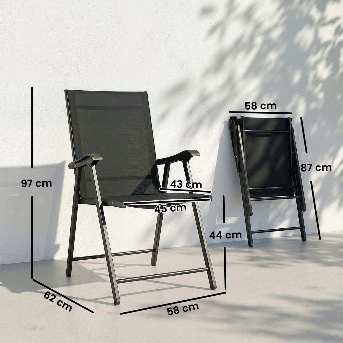 Black high-back folding armchair with dimensions, mesh back and seat on metal frame