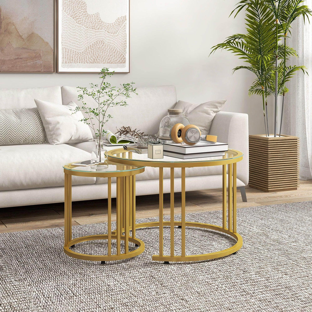 Round nesting coffee table set with gold steel frame and clear tempered glass top
