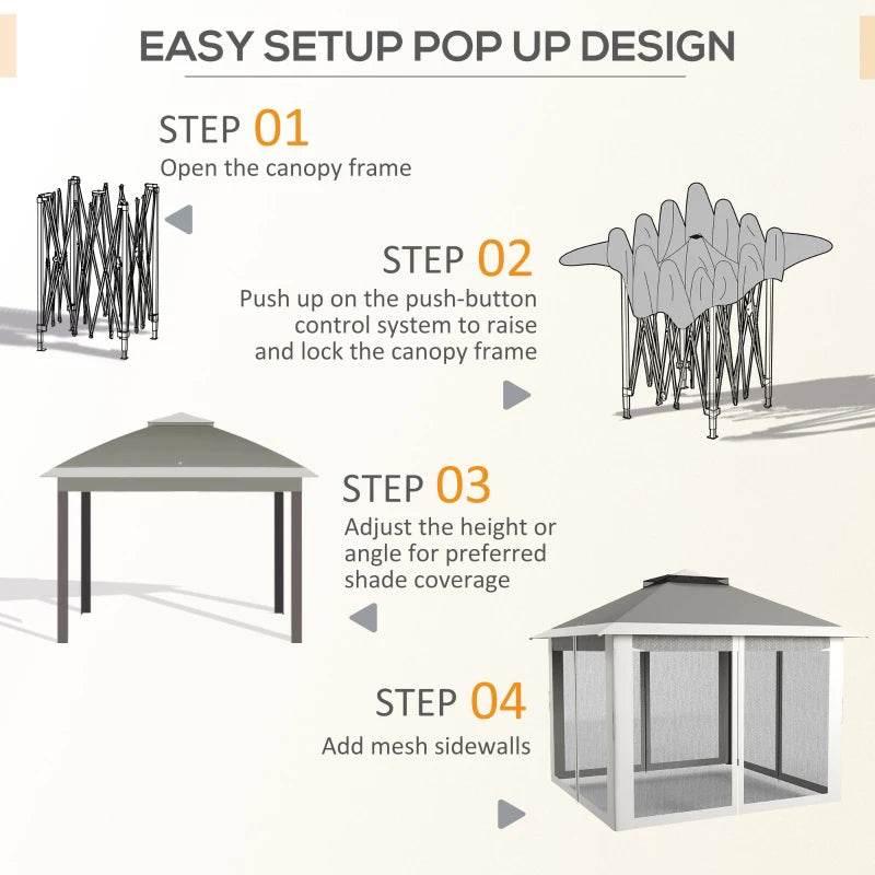 Pop-up canopy tent with foldable frame and mesh sidewalls, easy setup design
