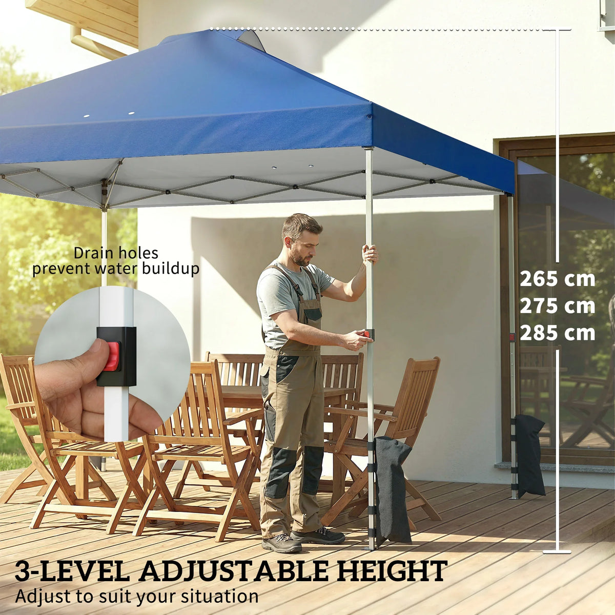 Dark blue height-adjustable pop-up gazebo canopy with open sides and adjustable legs