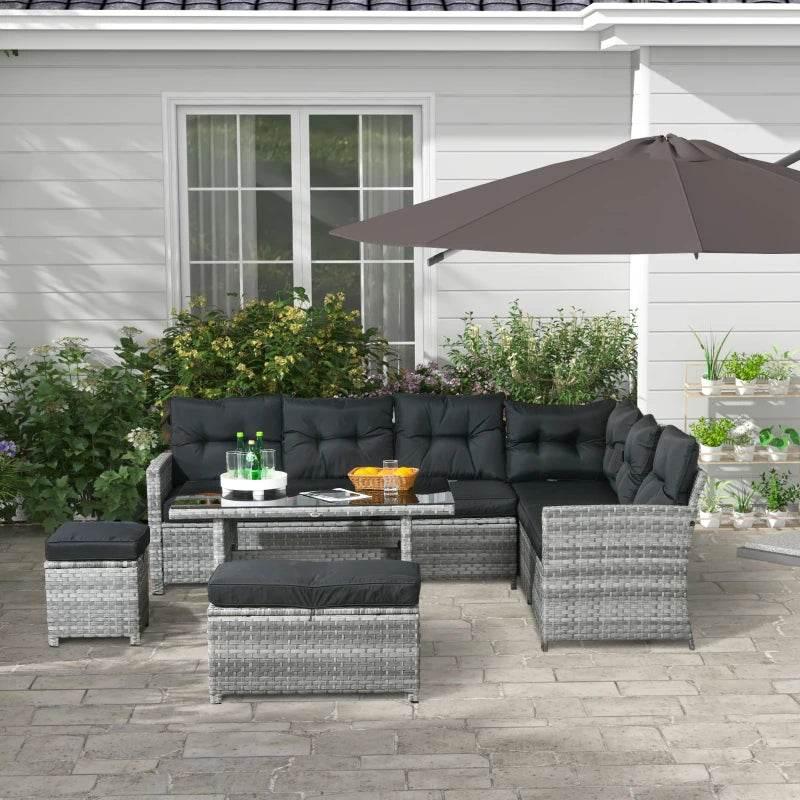 5-piece grey PE rattan corner sofa set with glass coffee table and footstools