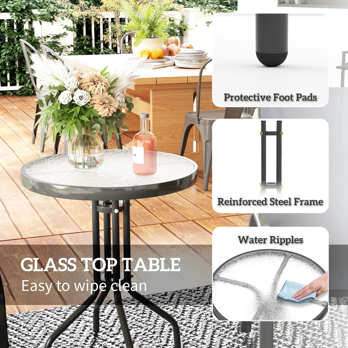 Round glass-top patio table with protective foot pads and reinforced steel frame