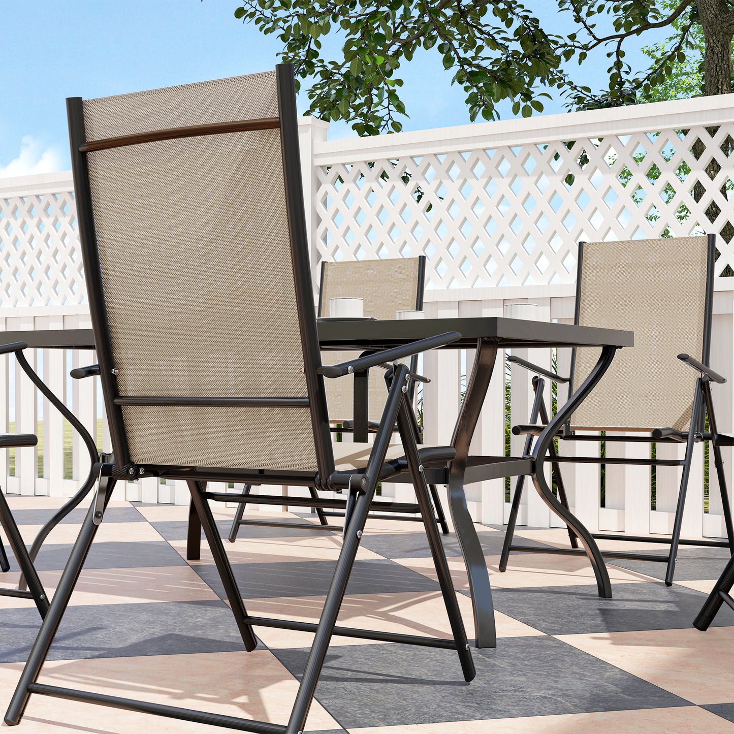 Outsunny Seven Piece Steel Outdoor Dining Set with Parasol Hole Khaki Rectangular Table and Six Folding Chairs