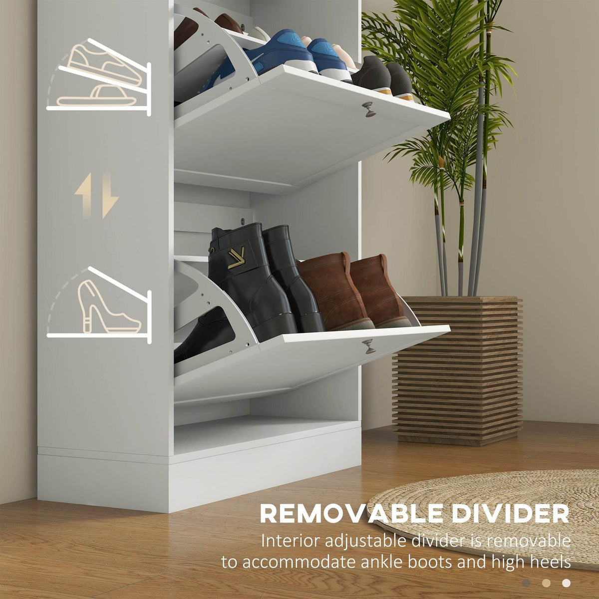 White shoe cabinet interior showing removable divider inside flip drawer compartments