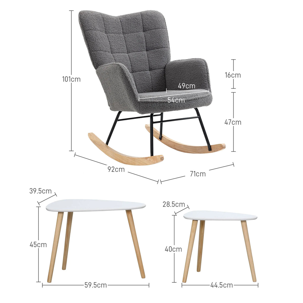 Dark gray wingback rocking chair with two nesting coffee tables (size diagram)