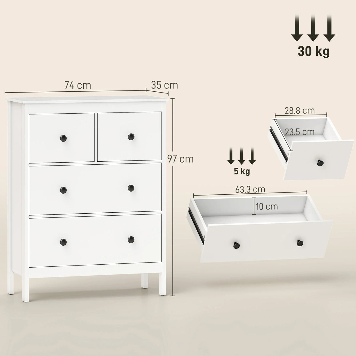 White 4-drawer chest of drawers, front view with black knob pulls