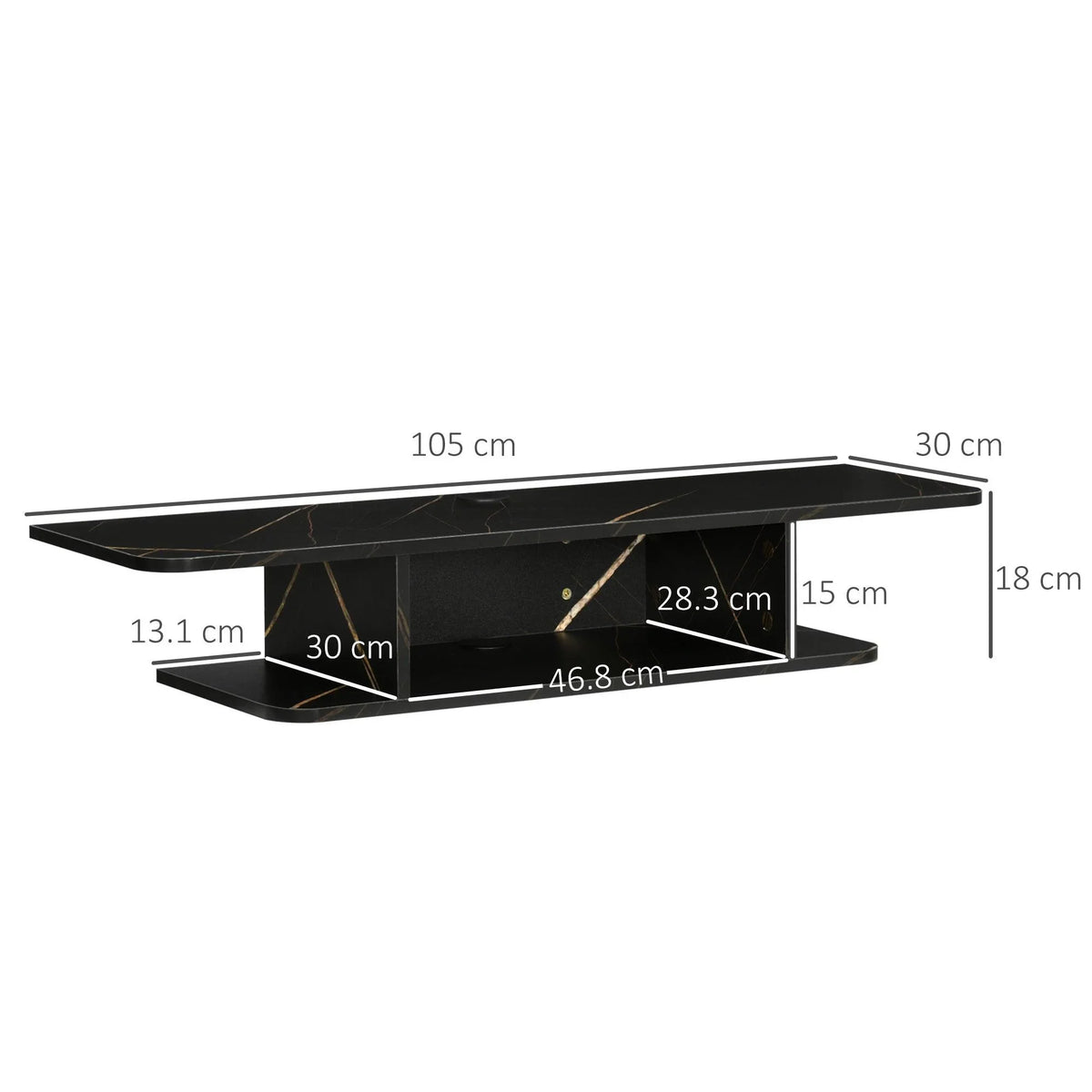 Black floating media console with open central compartment and side storage shelf.