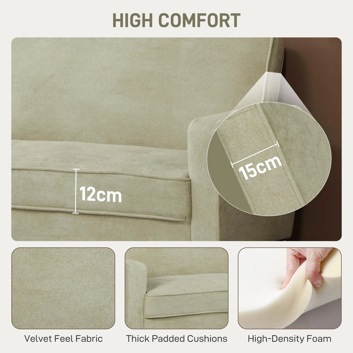 Beige velvet-feel sofa with thick padded cushions and high-density foam seat.