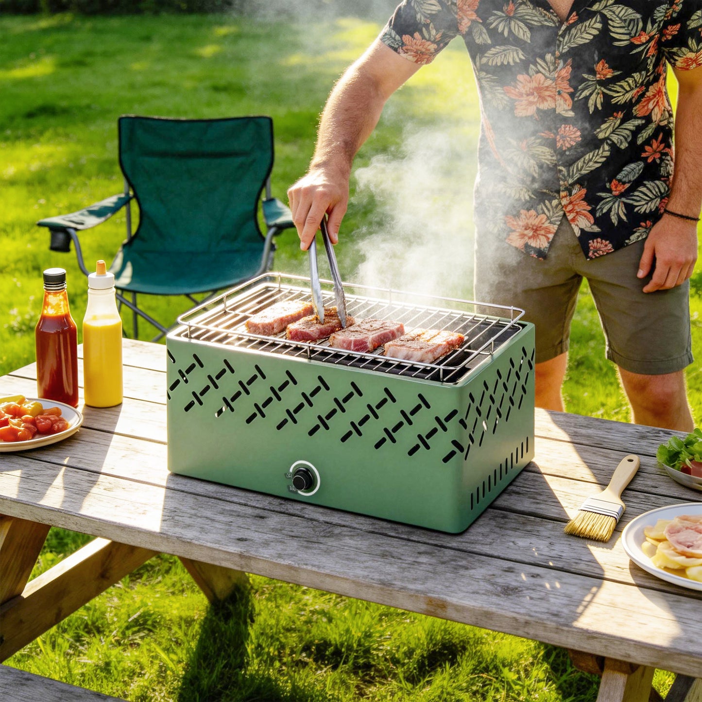 Outsunny Portable Charcoal BBQ Grill With Built In Fan Battery Powered For Camping Picnics Light Green