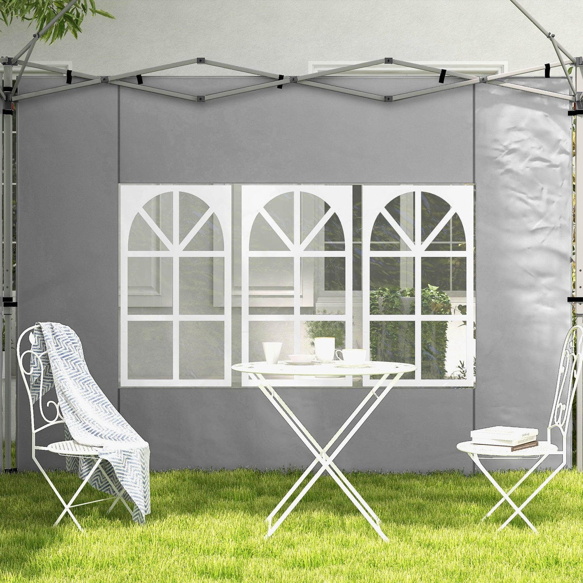 Grey gazebo side panels with three arched white window panels and privacy screen