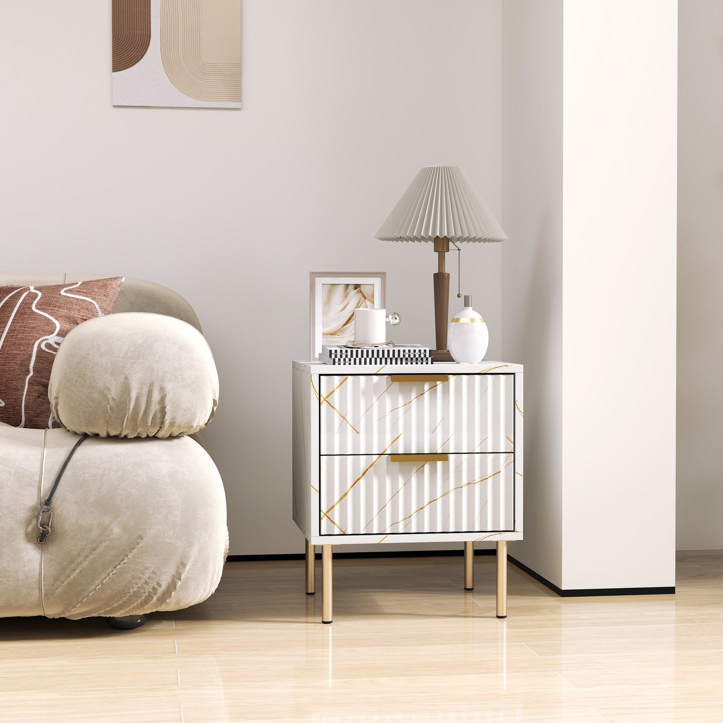 HOMCOM Marble Pattern Two Drawer Bedside Table in White With Fluted Drawers and Gold Accents