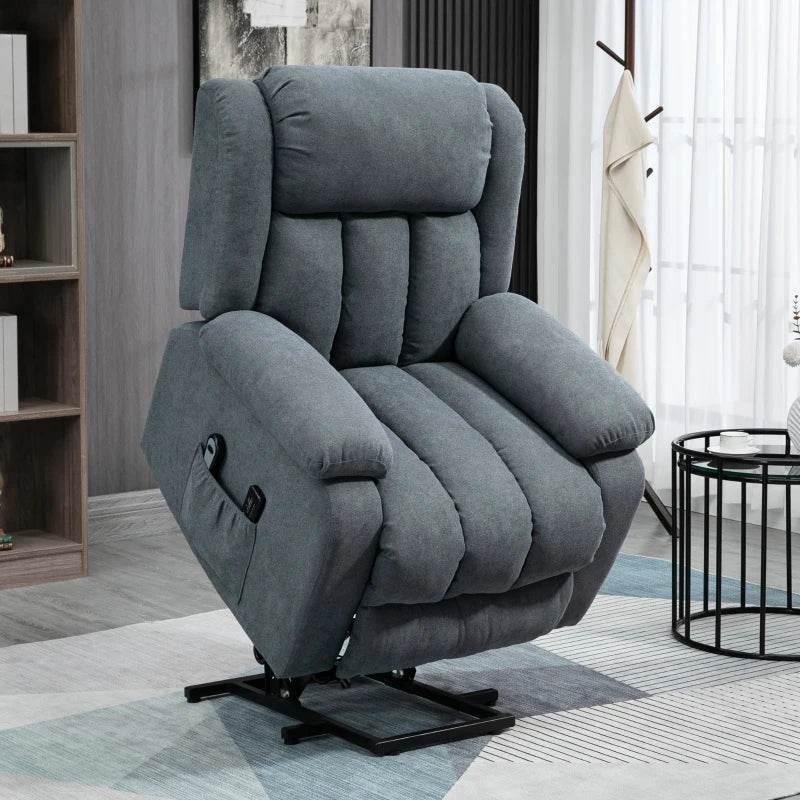 Dark grey fabric lift recliner chair with padded armrests and extended footrest