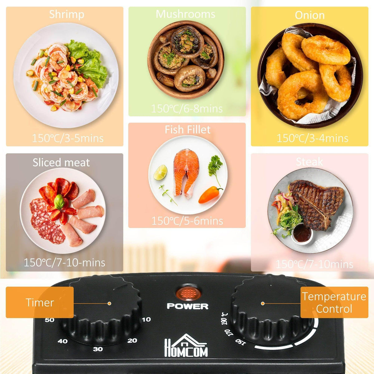 Deep fat fryer control panel with POWER and temperature settings, HOMCOM logo