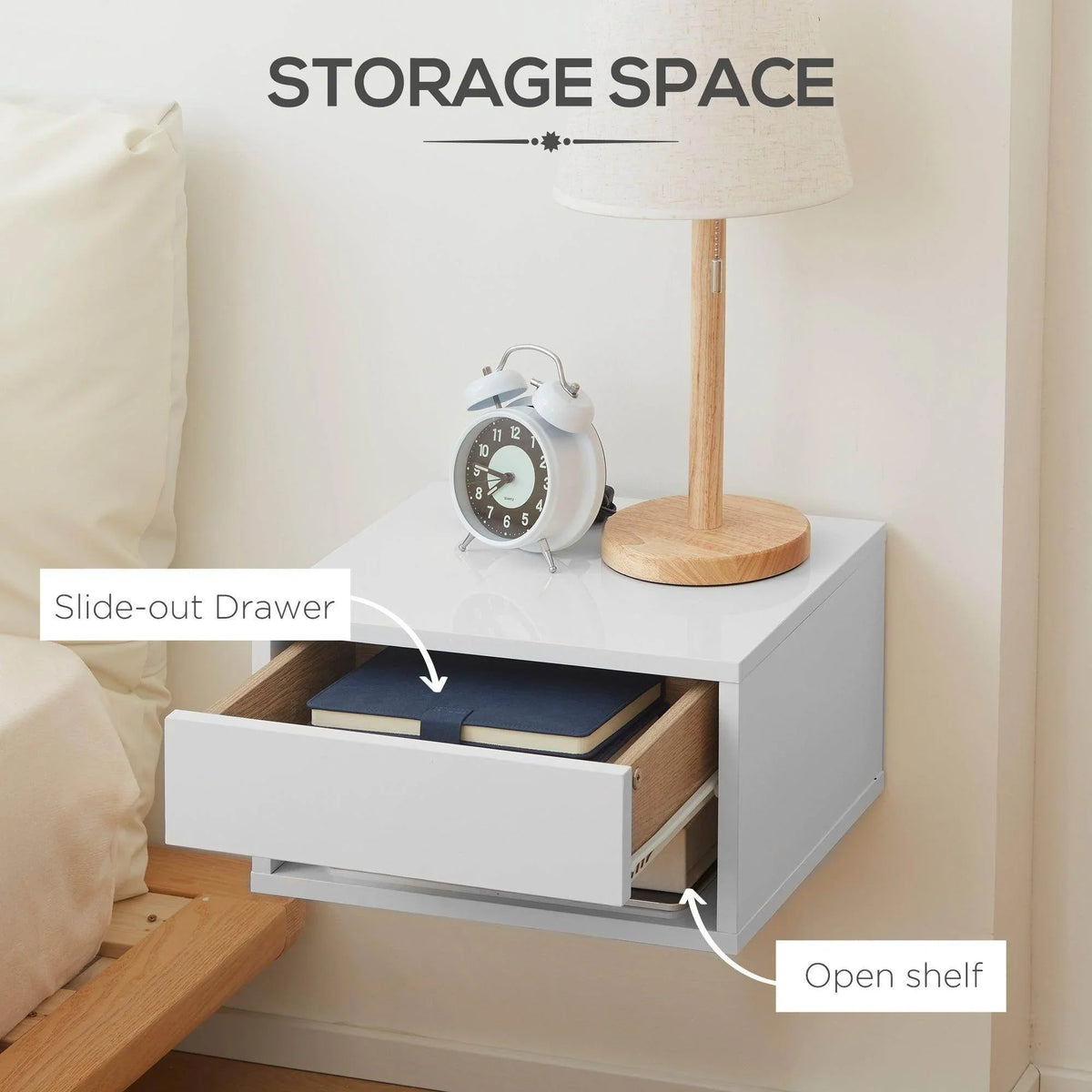 White wall bedside table with slide-out drawer and open shelf compartment