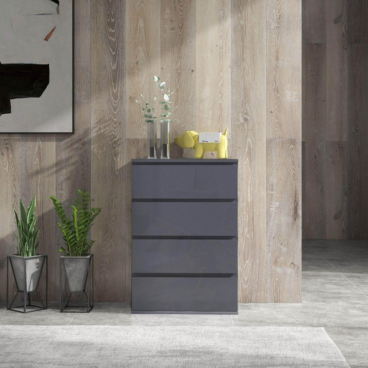 High-gloss 4-drawer chest of drawers, dark gray with smooth fronts and base