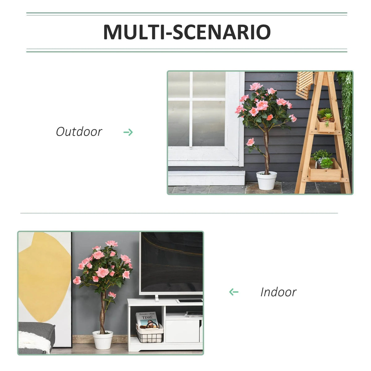 Artificial pink rose plant in white pot shown in an indoor and outdoor layout