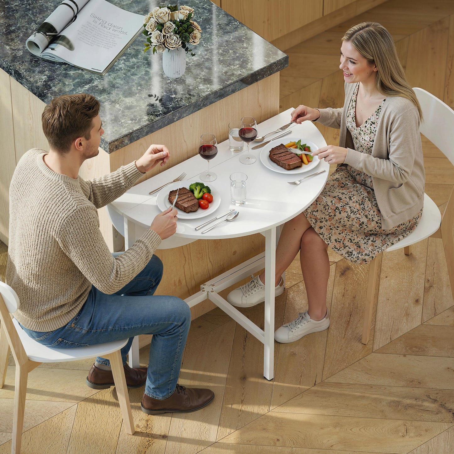 HOMCOM Collapsible Drop Leaf Table Folding Dining Table For Small Spaces Extendable Kitchen Table With Steel Frame White