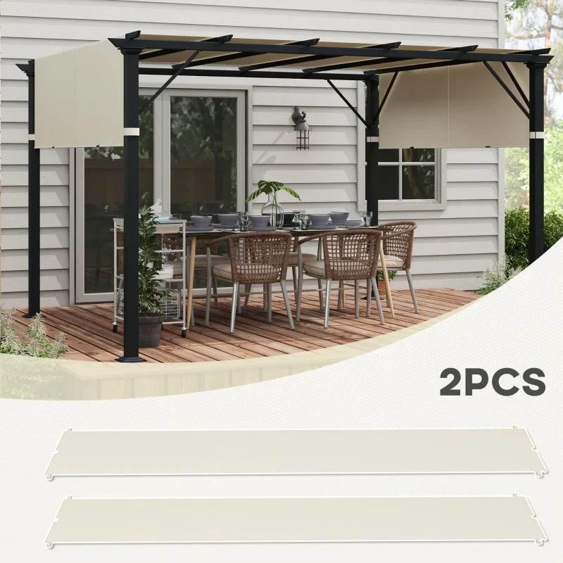 Cream-white pergola replacement canopy installed over outdoor seating