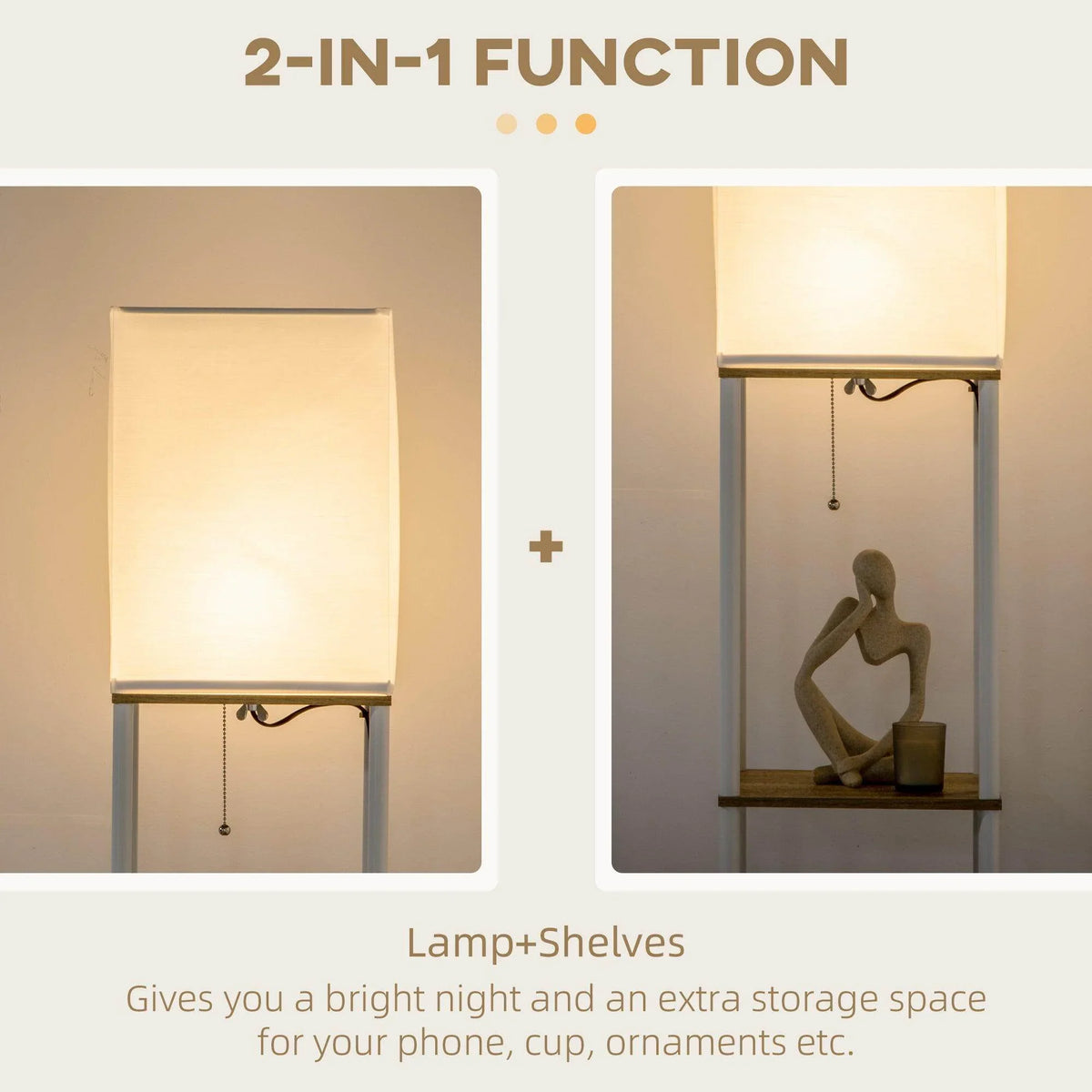 Floor lamp with fabric shade and built-in shelves for phone and ornaments