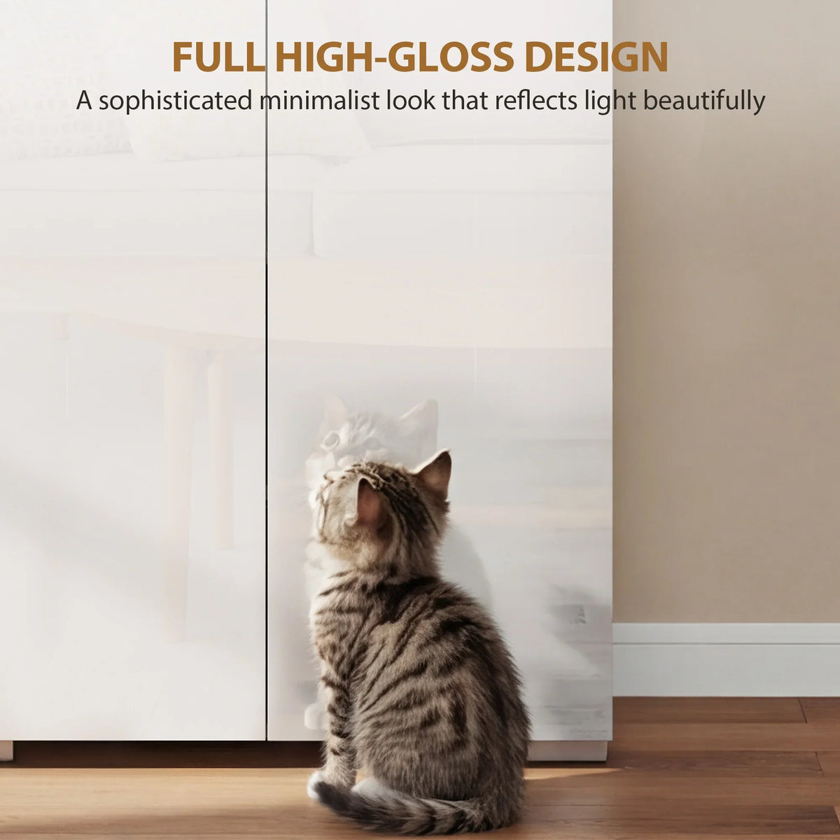 Tall white high-gloss kitchen pantry cabinet with two front doors, glossy minimalist finish