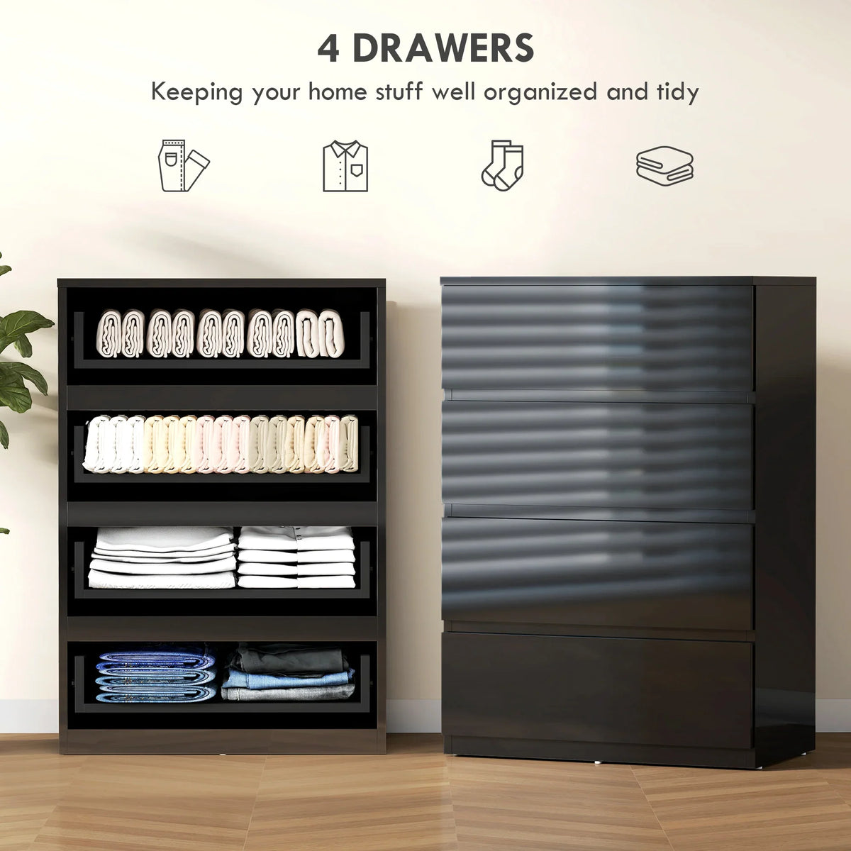 Black 4-drawer dresser with open drawers showing folded clothes inside
