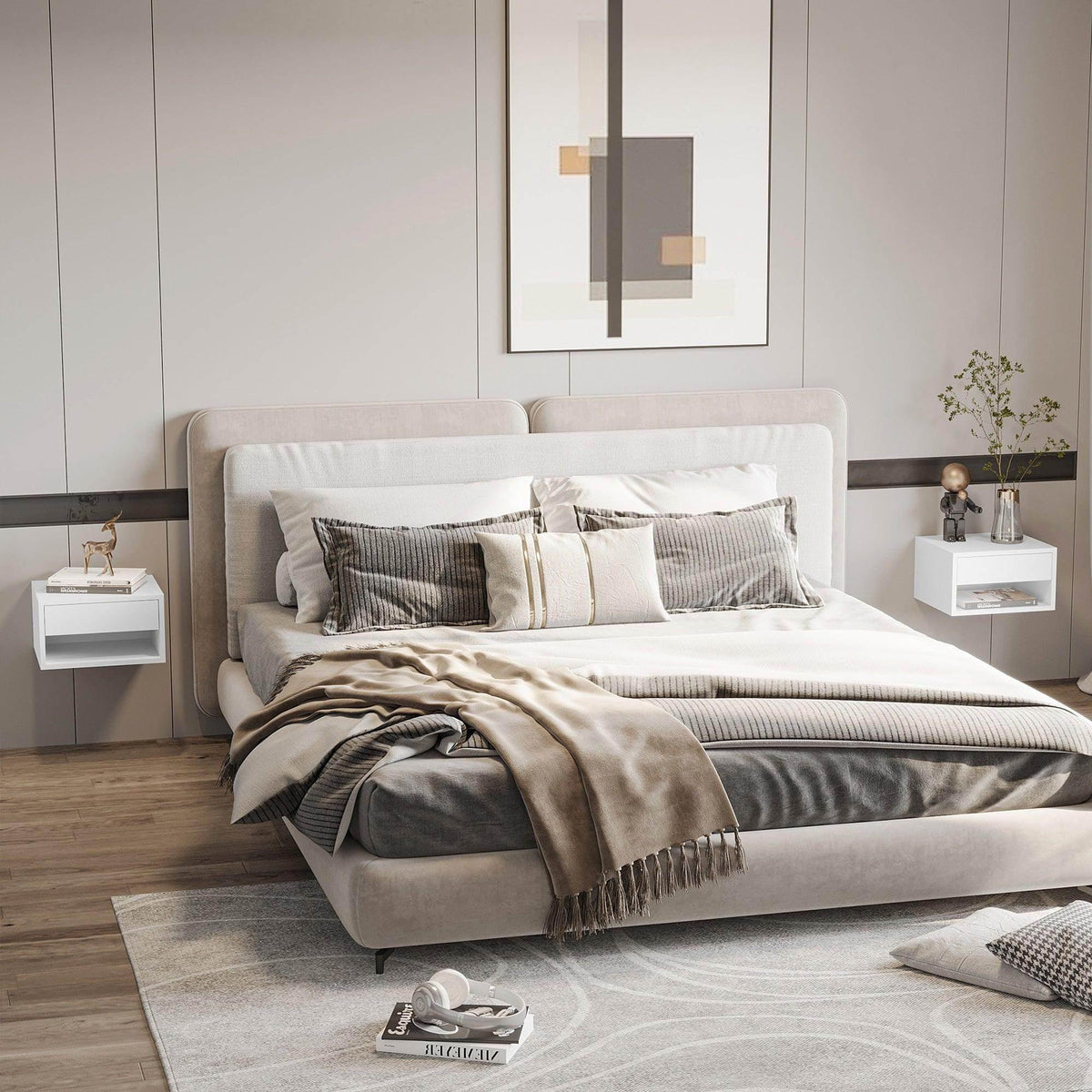 White wall-mounted floating bedside table set of 2 with drawer and open shelf