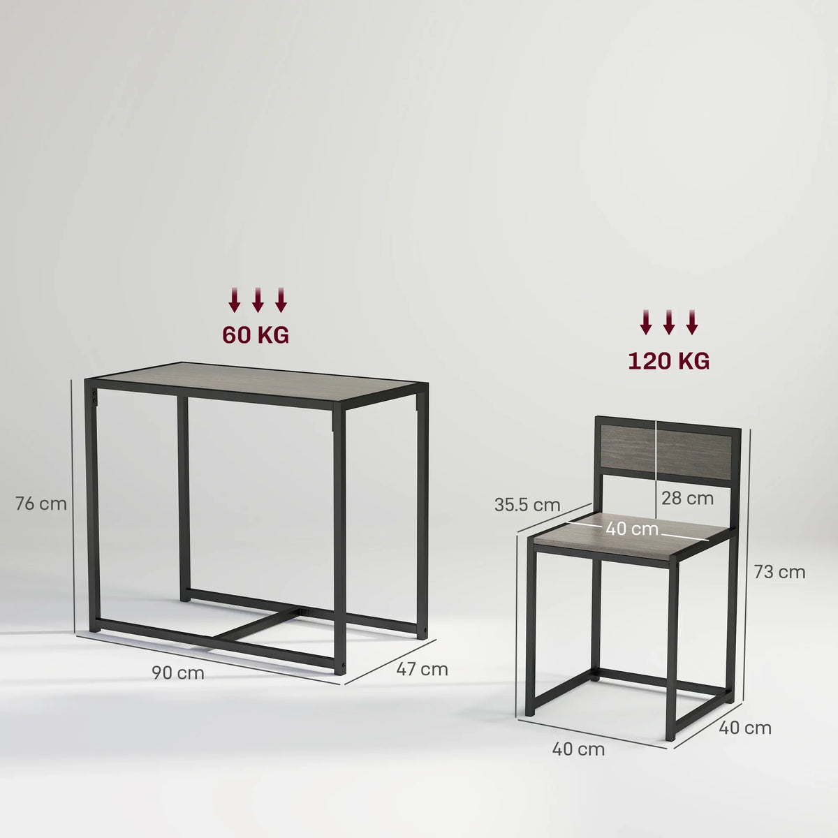 Rectangular dining table and two open-back chairs with steel frames, grey wood-effect