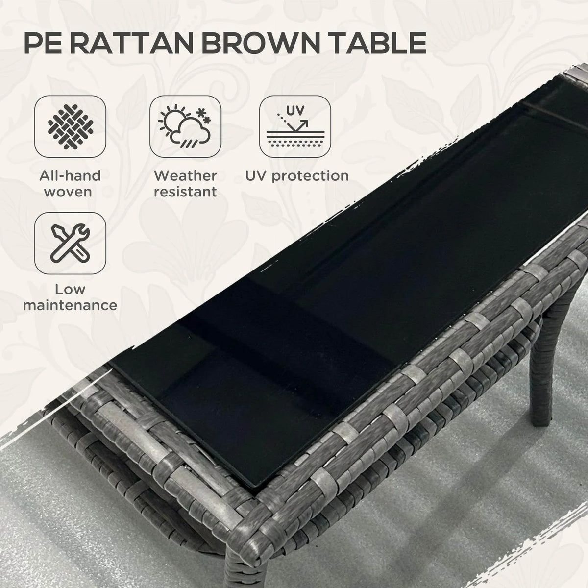Grey PE rattan two-tier coffee table with dark glass top panel and woven edges