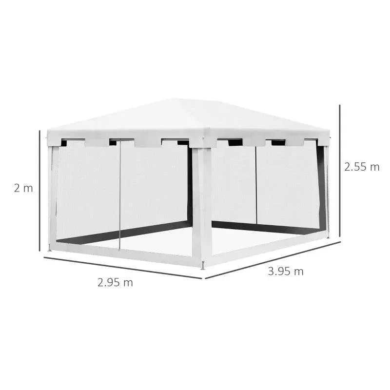 White PE party tent with mesh side panels and sloped roof, side view