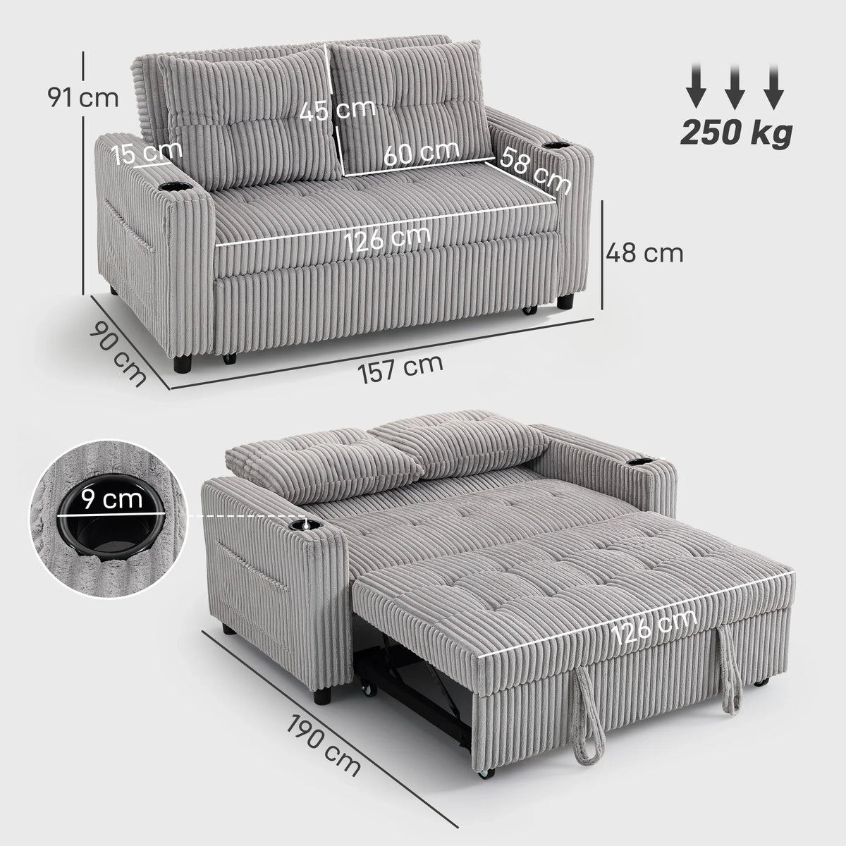 Light grey corduroy 2-seat click-clack sofa bed with pull-out mattress, side view