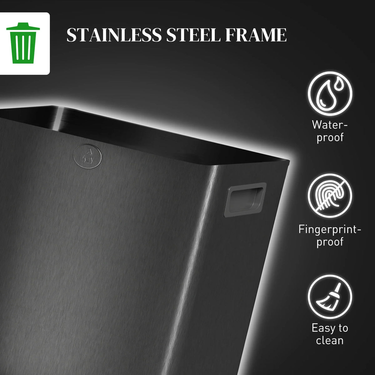 Black stainless steel dual bin with water-resistant, fingerprint-resistant finish