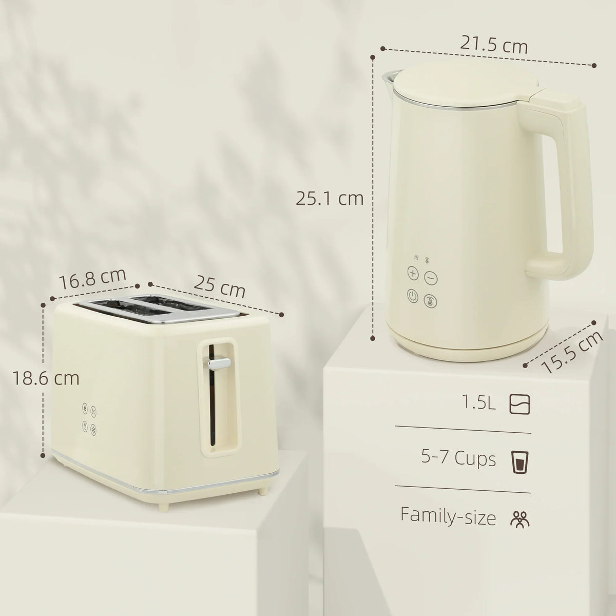Electric kettle and 2-slice toaster set with labeled size dimensions and control panels