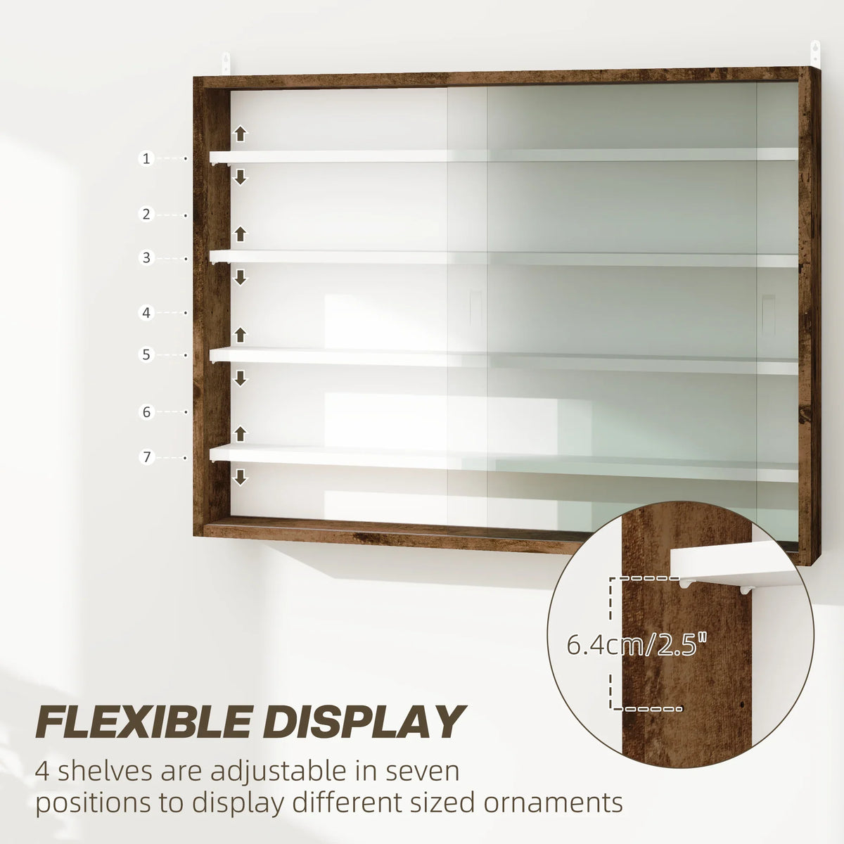 Wall display cabinet with glass doors and adjustable shelves in seven height positions