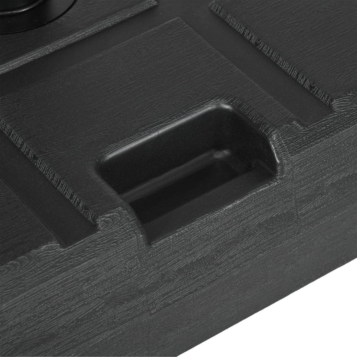 Black square umbrella base corner with recessed carrying slot and wood-effect texture