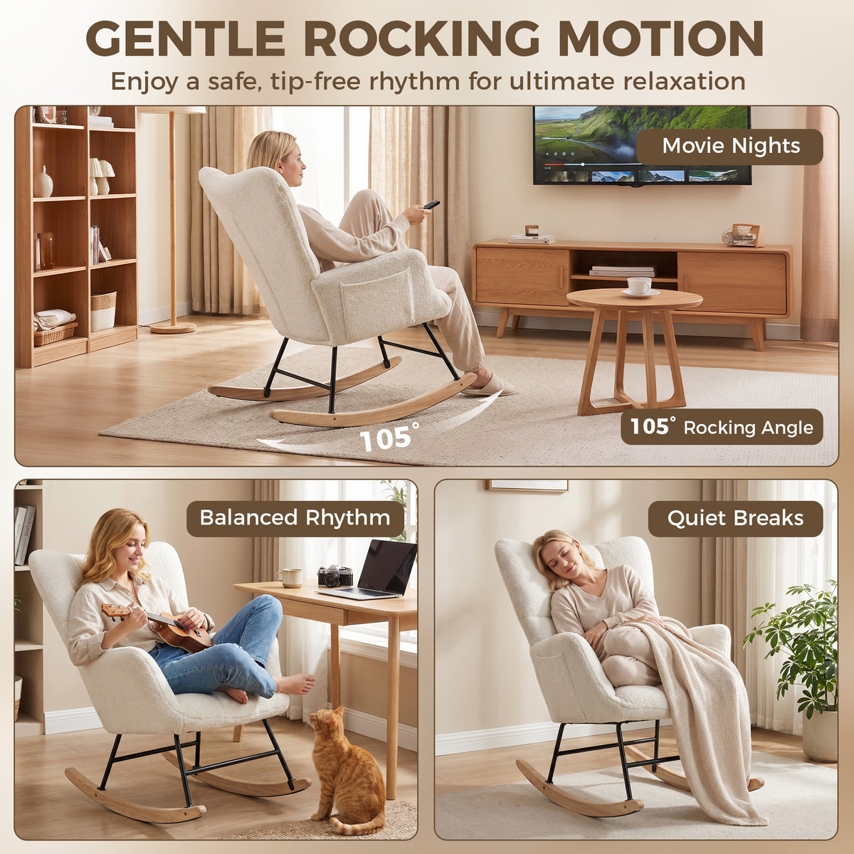 Cream rocking chair with thick cushioned seat and wingback backrest on wooden rockers