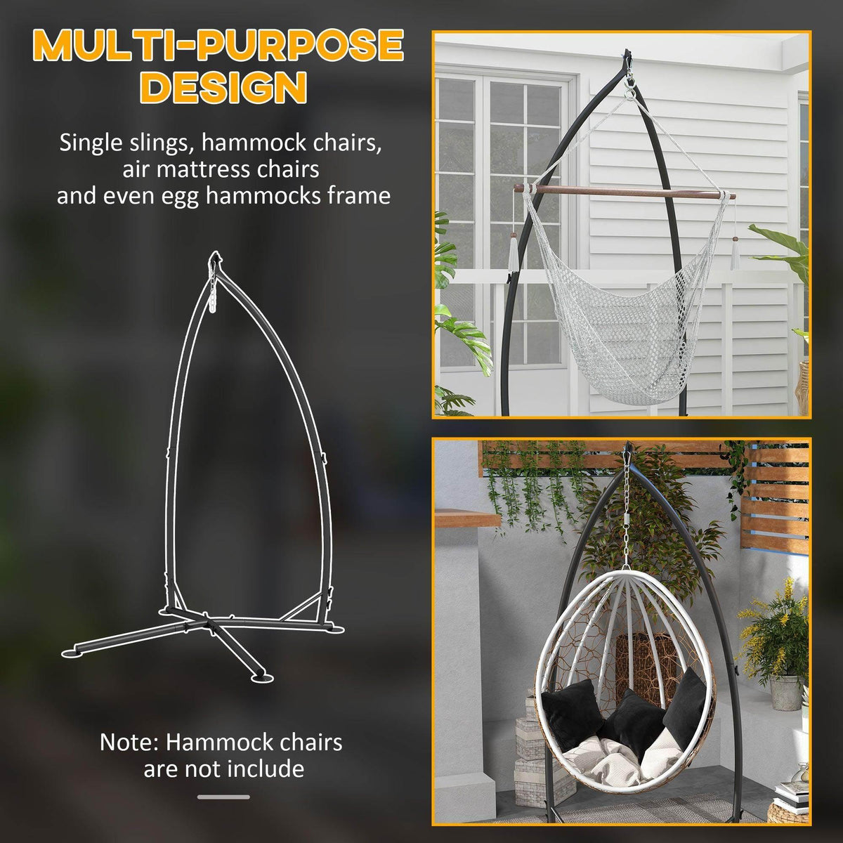 Black metal hammock chair stand holding a suspended white mesh hammock seat